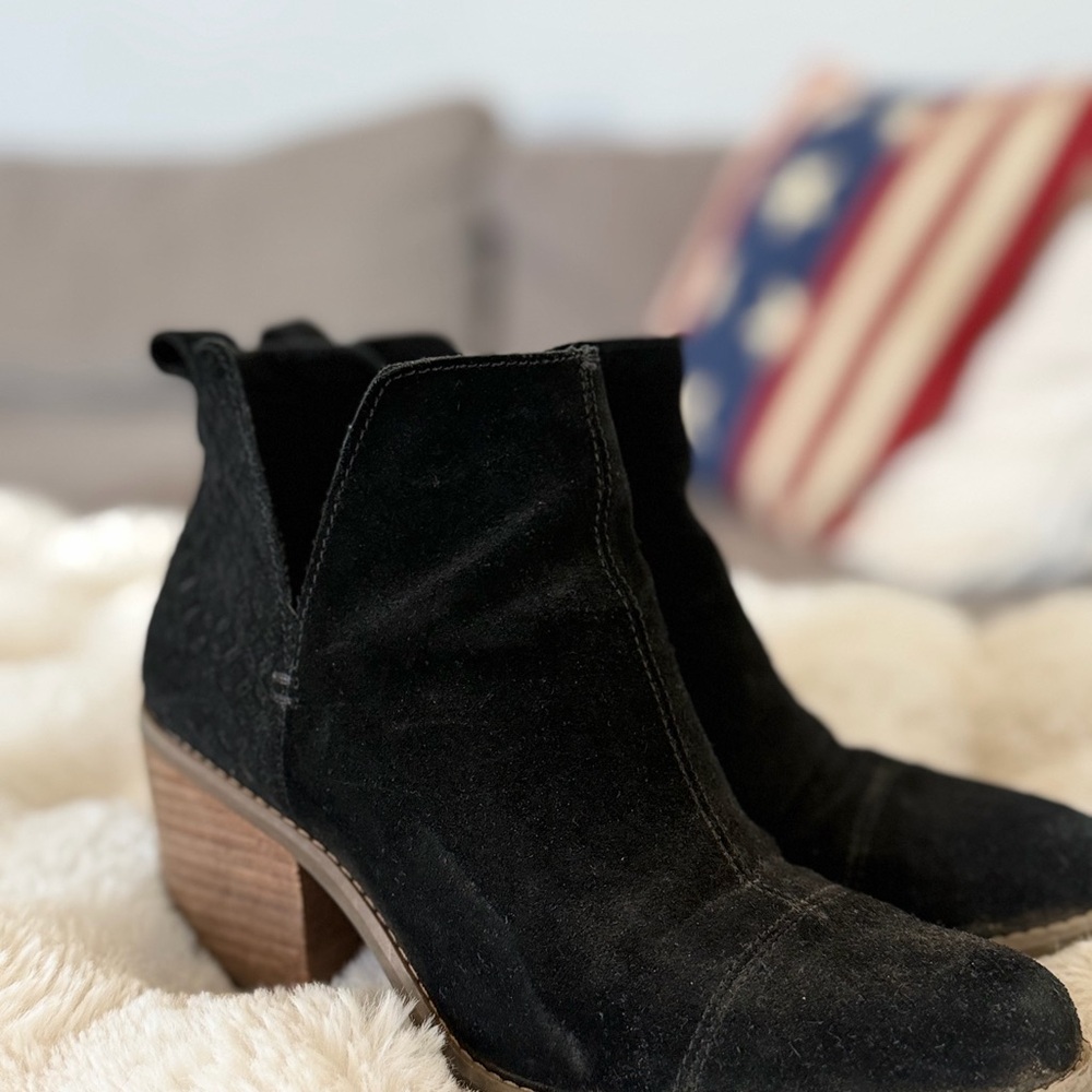 Toms Black Suede Chelsea Ankle Booties with Stacked Wood Heel